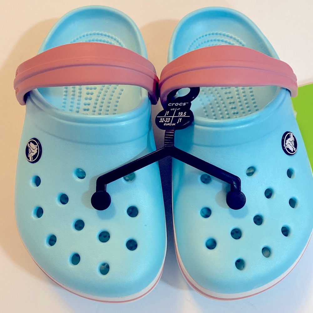 NWT CROCS Crocband Ice Blue/White/Pink. Kids Size US J1. Everyday Outdoors. - Picture 1 of 13